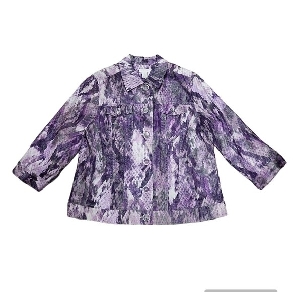 EUC Chico's linen cotton snakeskin print button down jacket blazer top, purple - Picture 2 of 10